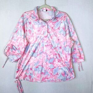 Lind Clare Vintage Floral Blouse Pink Blue Made in USA Size 42 Tie Sleeve Top